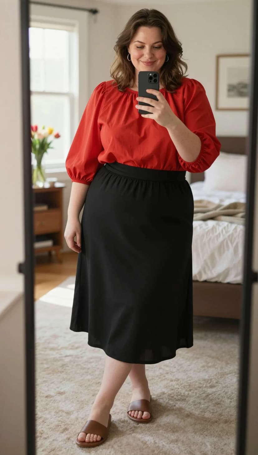 Red Cotton Puff Sleeve Top + Black A-Line Midi Skirt + Brown Leather Slides