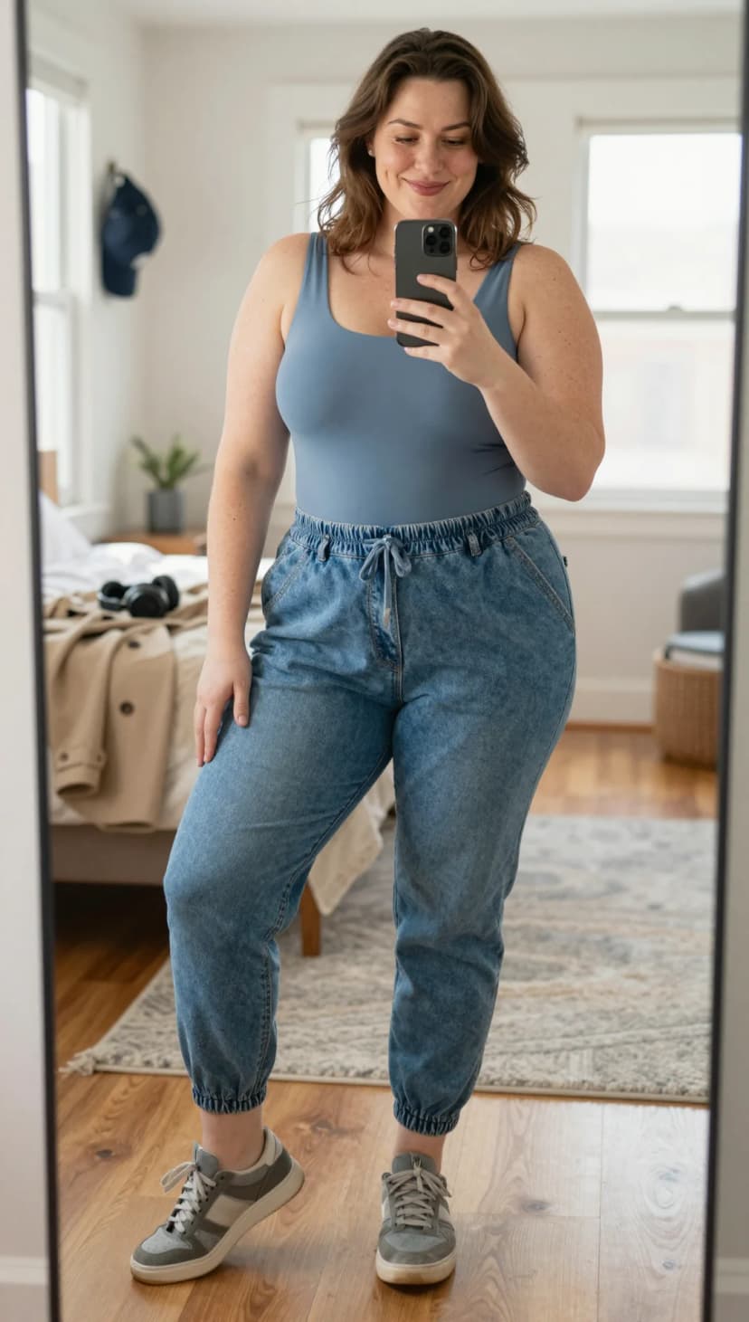 Steel Blue Scoop Neck Bodysuit + Light Wash Acid Wash Joggers + Grey and Cream Sneakers