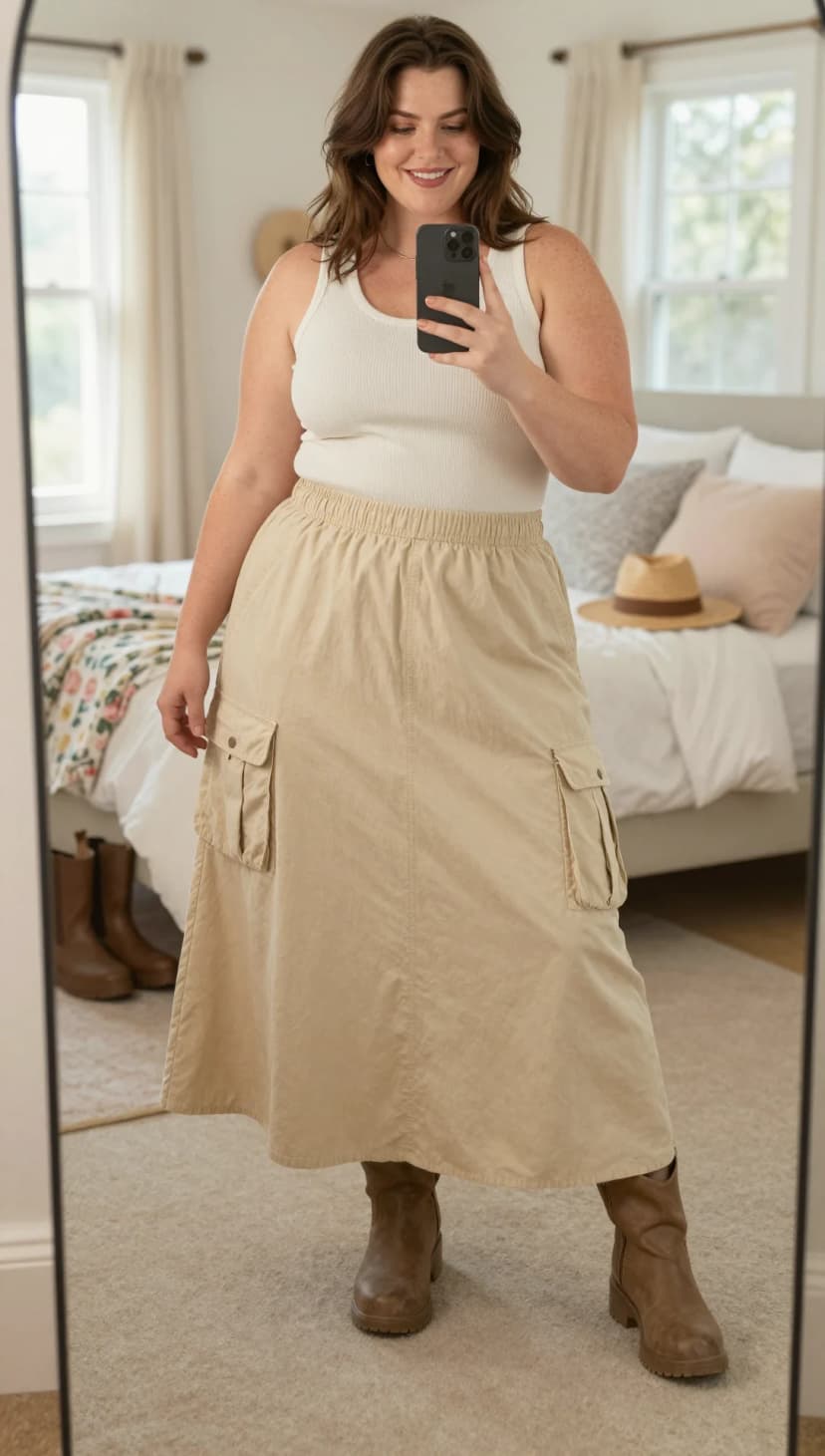 Cream Ribbed Tank Top + Beige Cargo Maxi Skirt + Brown Faux Leather Ankle Boots