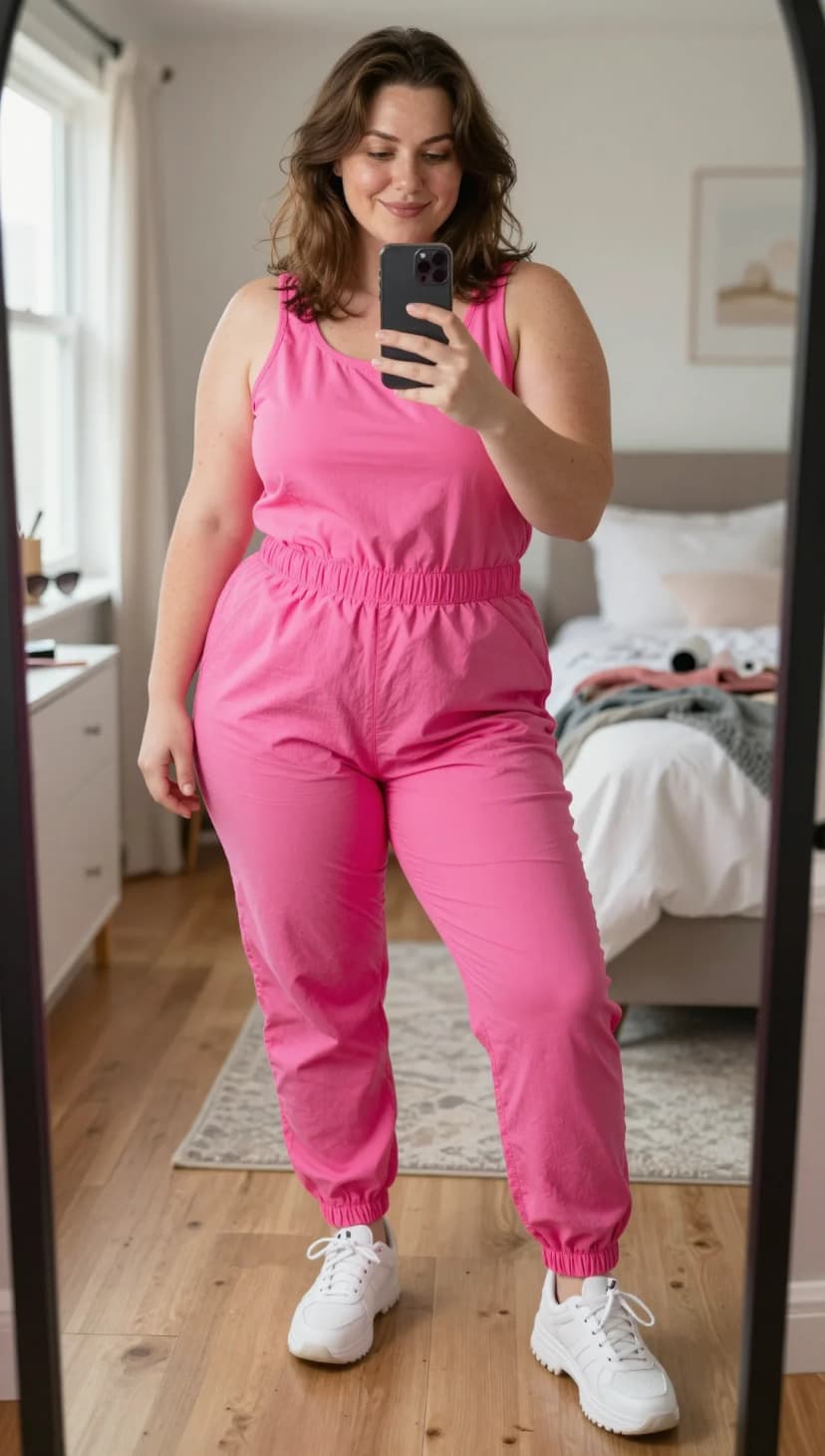 Hot Pink Nylon Tank Jumpsuit + White Leather Sneakers