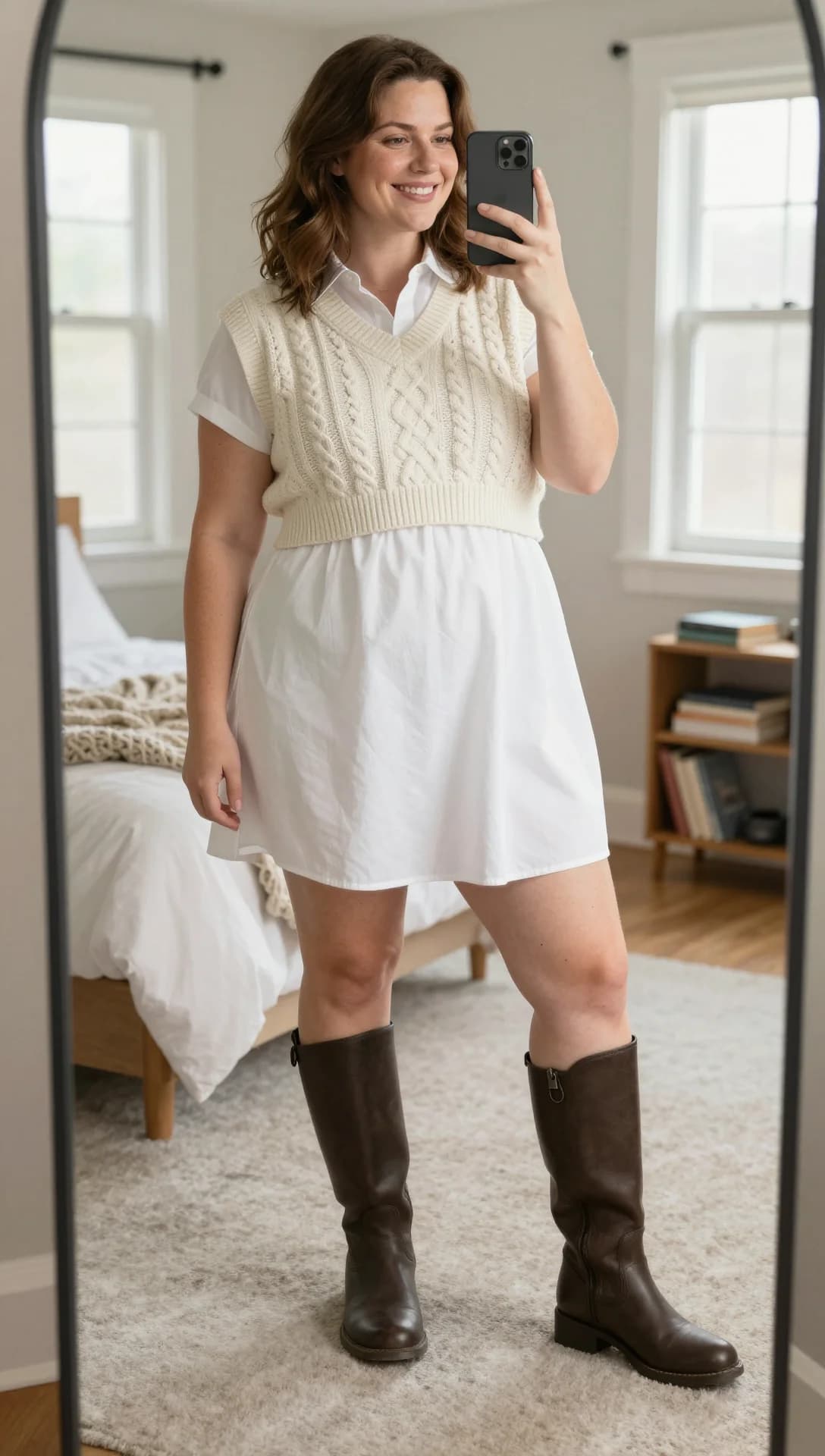 Cream Cable Knit Vest + White Poplin Mini Dress + Brown Leather Boots