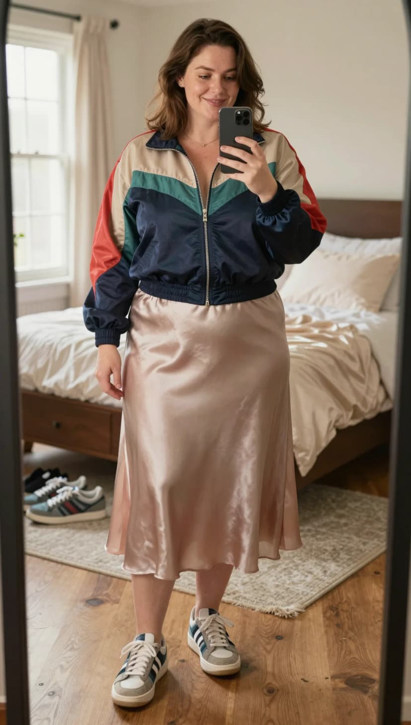 Navy Color Block Track Jacket + Rose Gold Satin Midi Skirt + Grey and White Sneakers