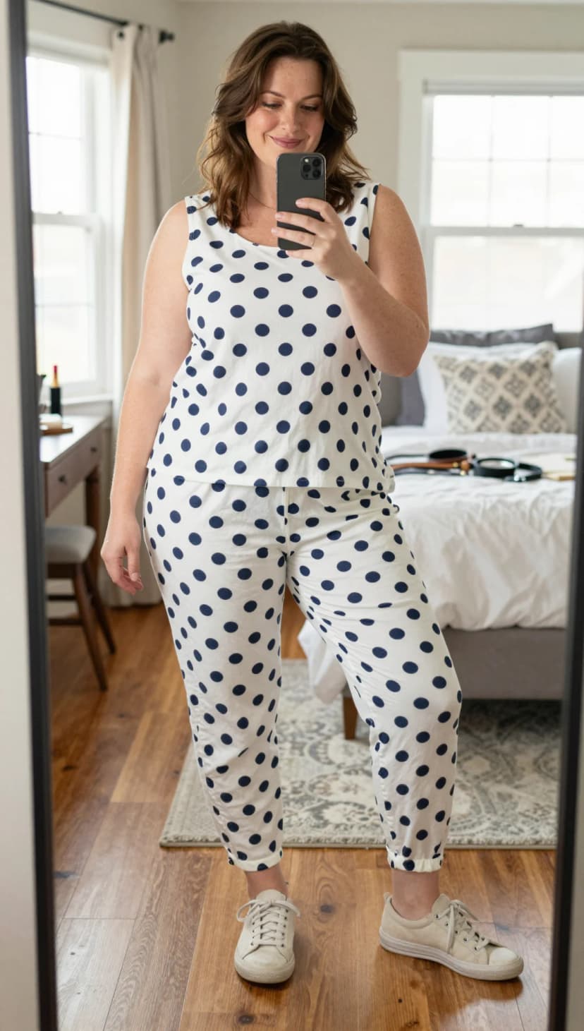 White Polka Dot Tank Top + White Polka Dot Joggers + Cream Canvas Sneakers