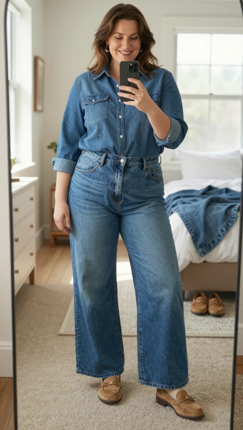 Blue Denim Long Sleeve Shirt + Blue Wide Leg Jeans + Tan Suede Loafers
