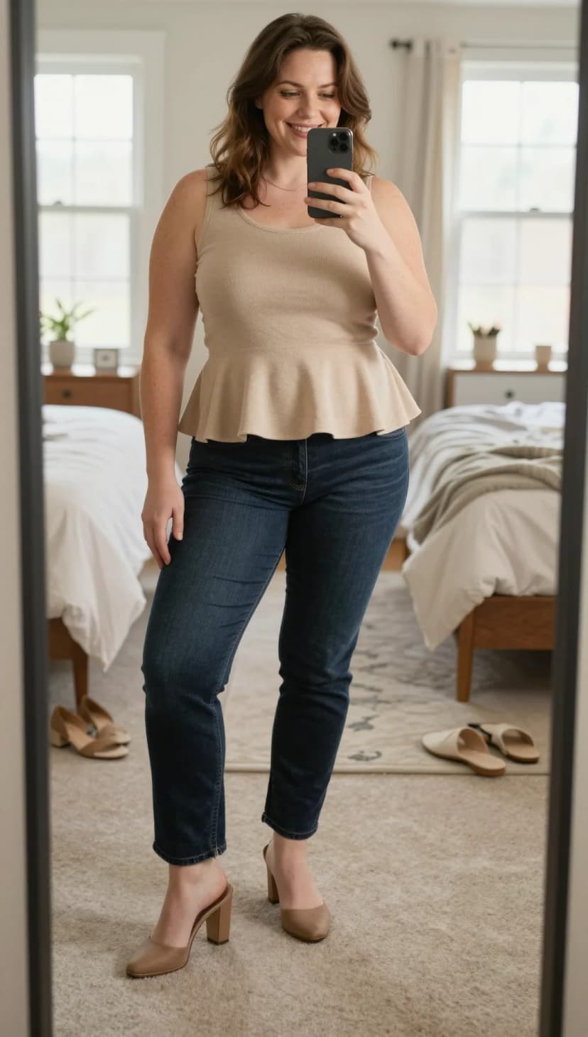 Tan Ribbed Knit Peplum Tank + Dark Wash High-Waisted Skinny Jeans + Taupe Block Heel Mules
