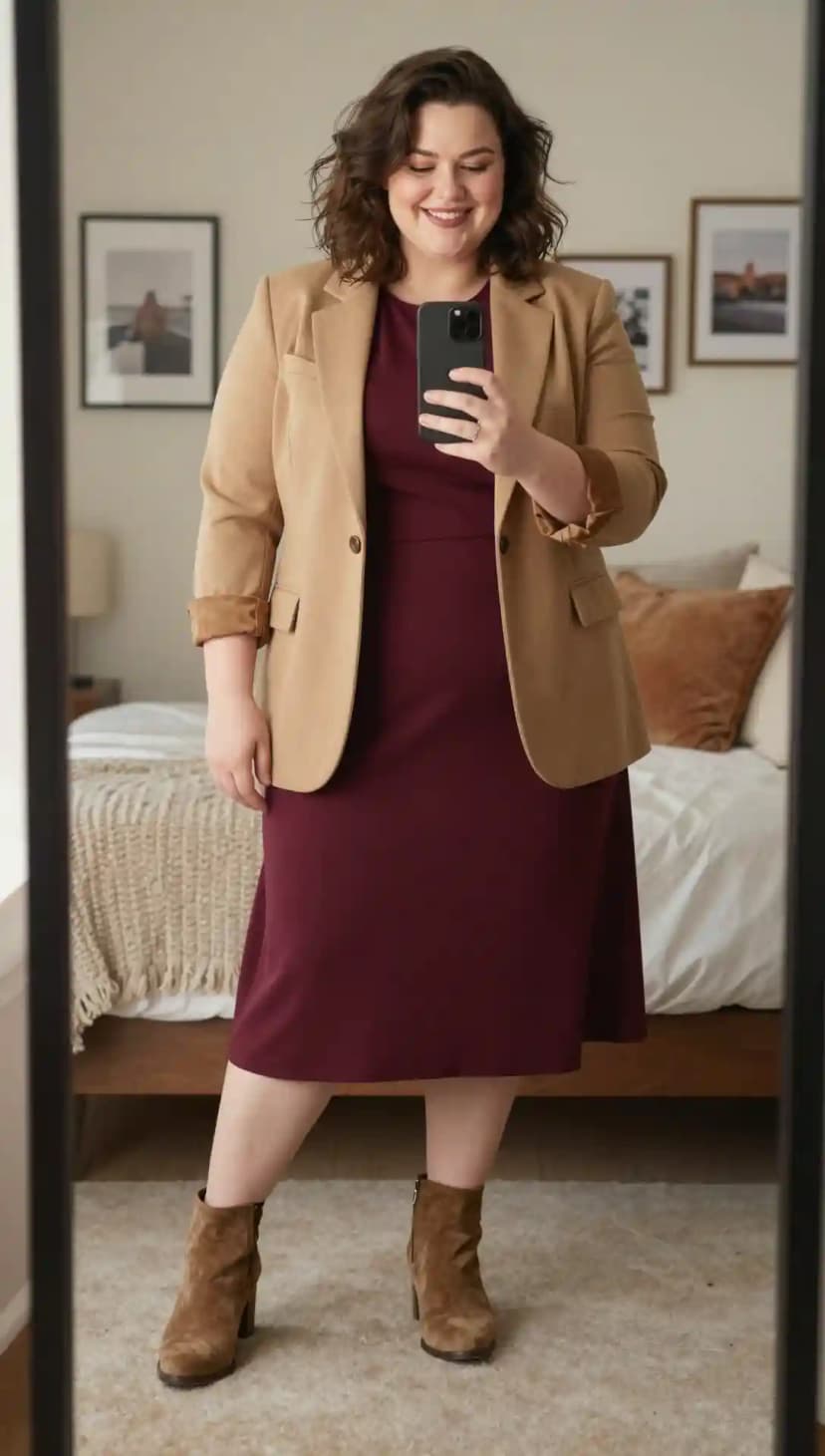 Camel Suede Blazer + Burgundy Ponte Sheath Dress + Brown Suede Ankle Boots