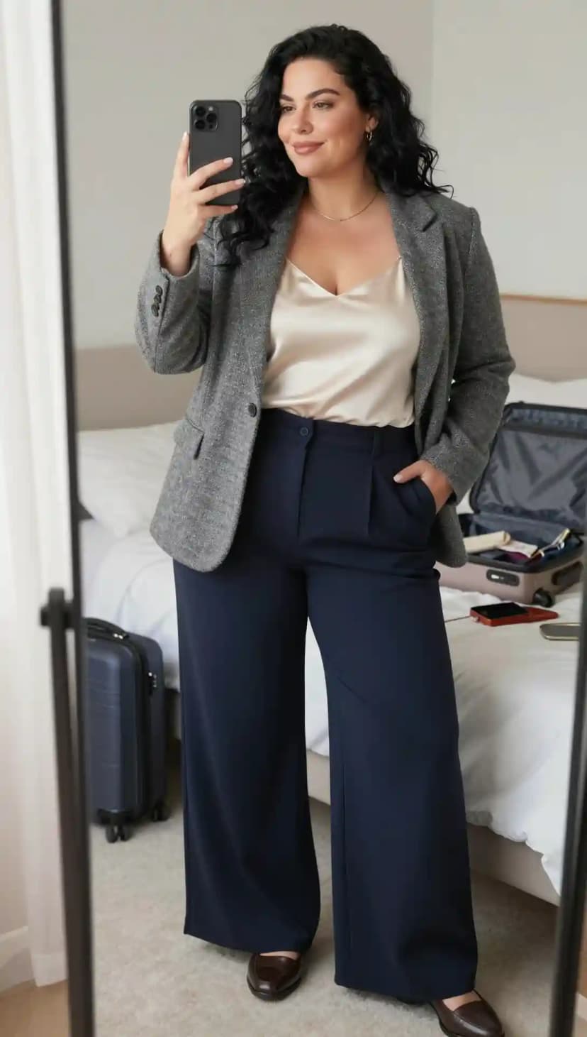 Grey Tweed Blazer + Cream Satin Camisole + Navy Wide-Leg Trousers
