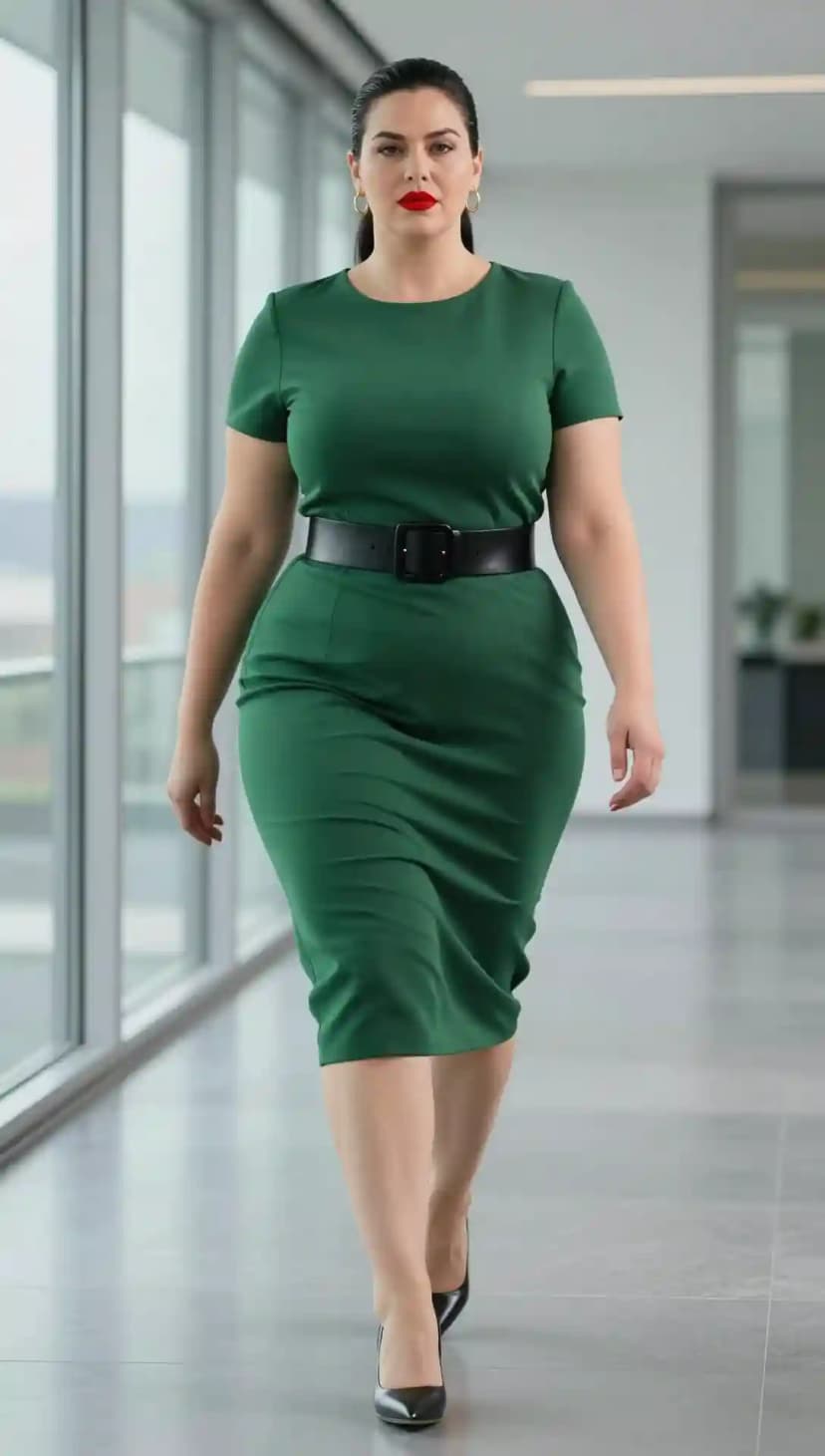 Green Ponte Sheath Dress + Black Leather Belt