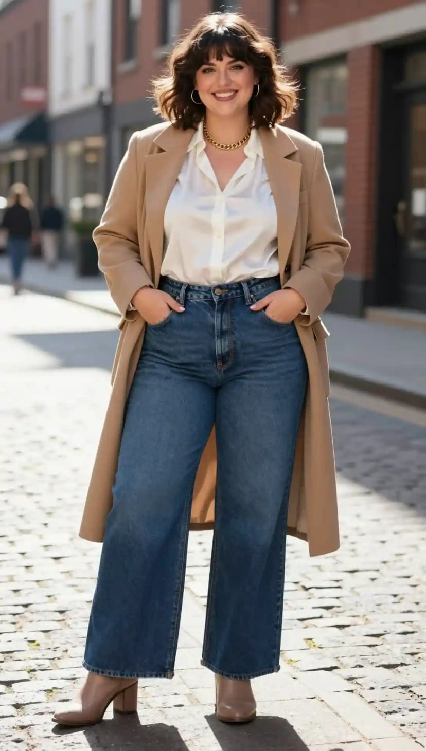 White Satin Blouse + Blue Denim Wide-Leg Jeans + Camel Wool Coat