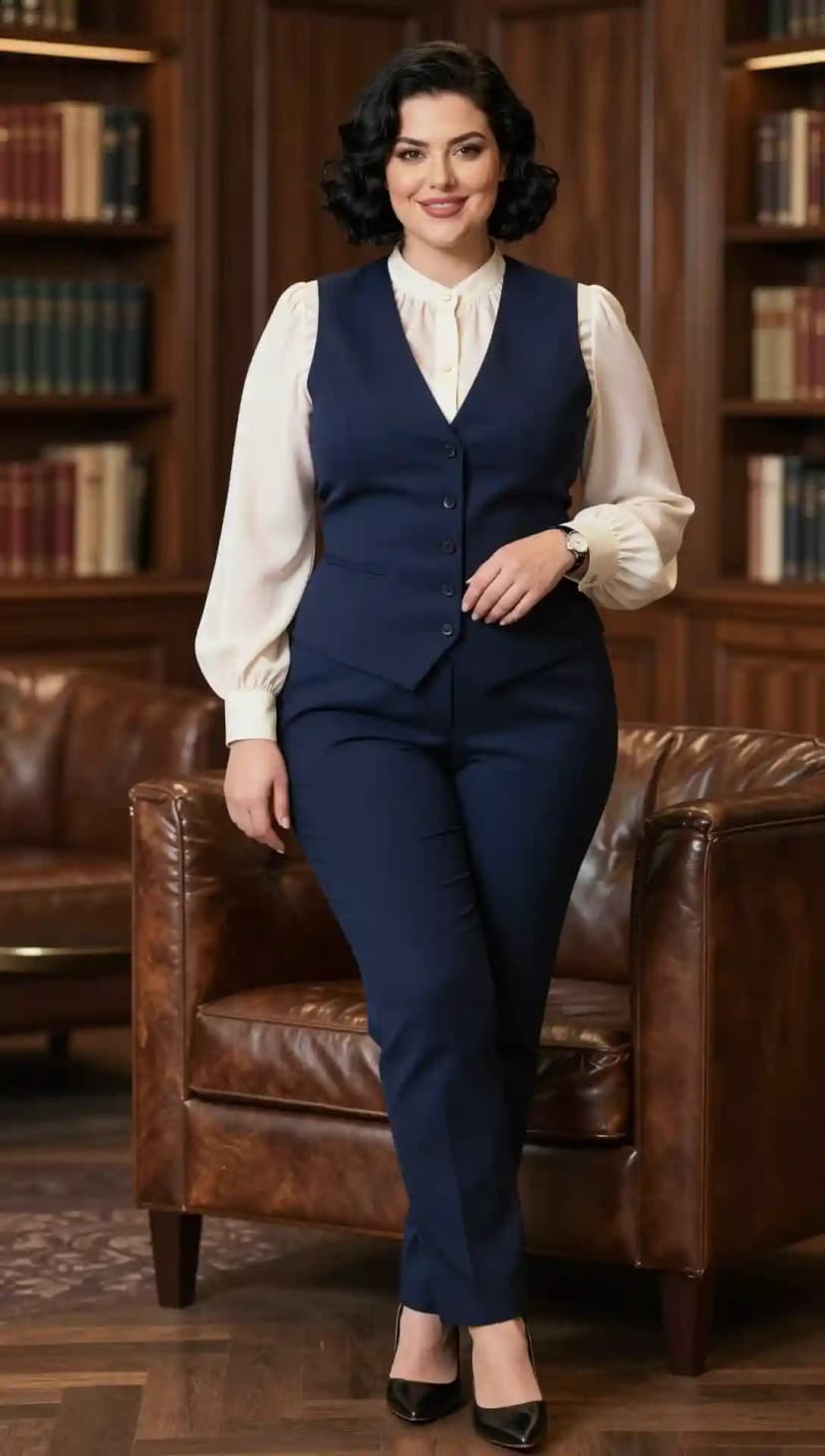 Cream Silk Blouse + Navy Wool Vest + Navy Wool Trousers