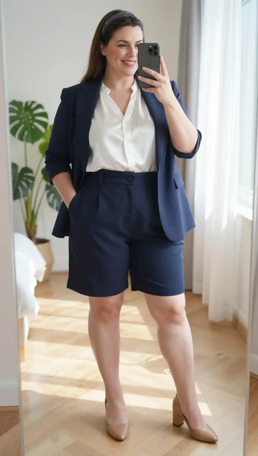 Navy Blazer + White Satin Blouse + Navy Tailored Shorts