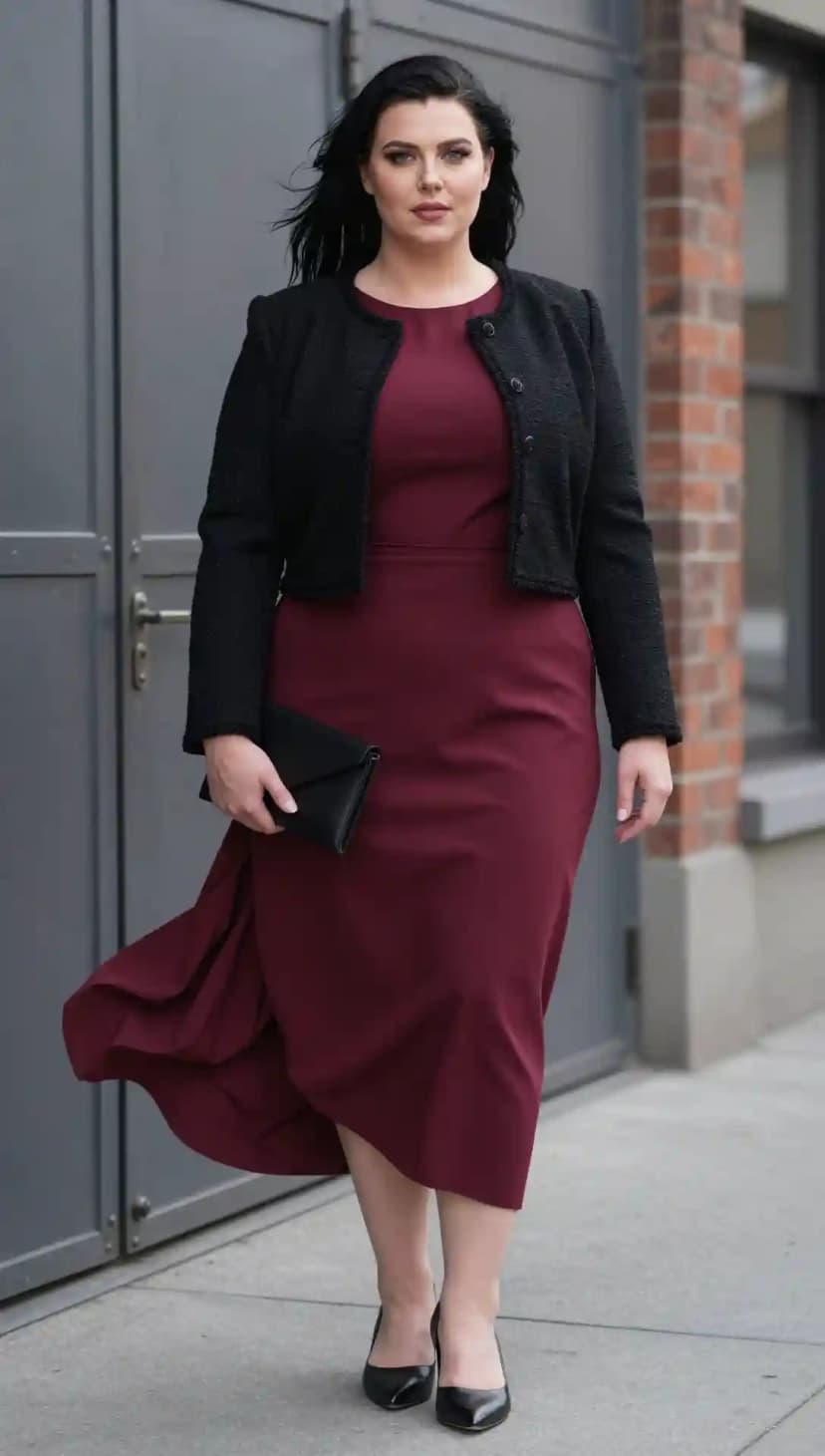 Burgundy Crepe Sheath Dress + Black Tweed Cropped Jacket