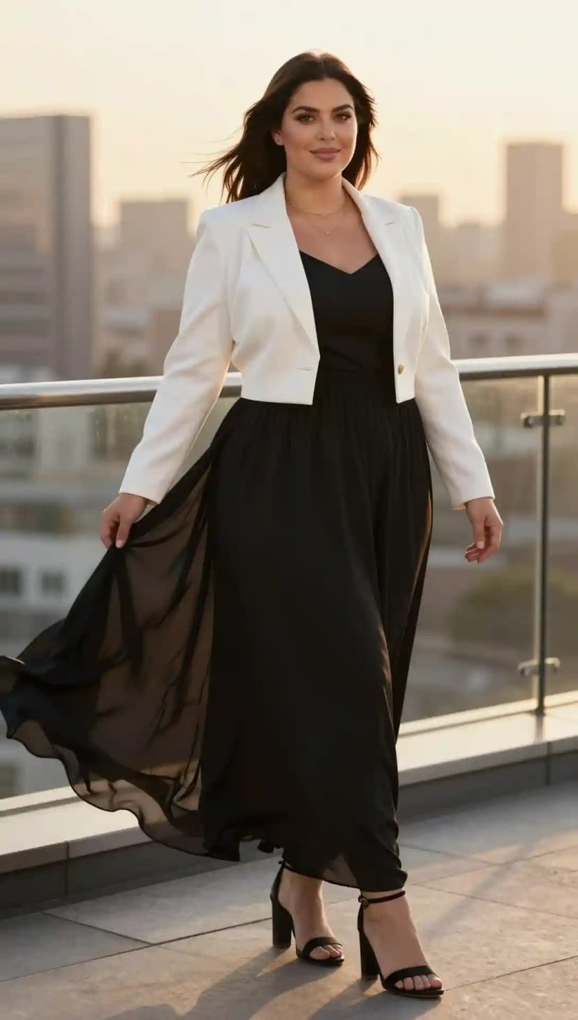 White Cropped Blazer + Black Chiffon Maxi Dress