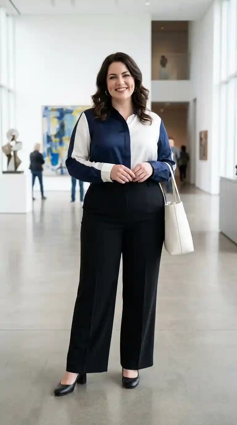 Navy and White Colorblock Silk Blouse + Black Wide-Leg Trousers