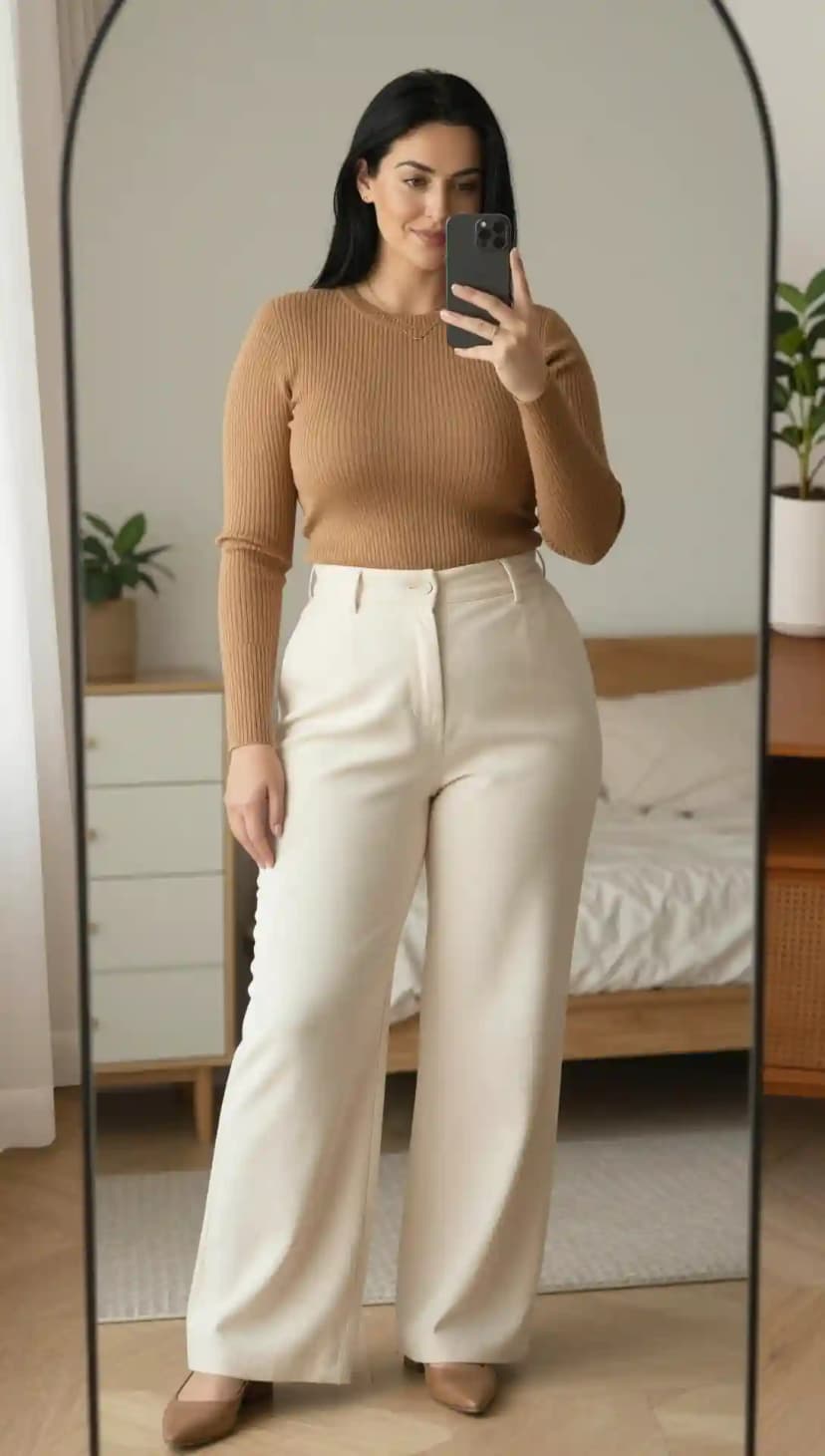 Brown Ribbed Knit Sweater + Cream Wide-Leg Trousers