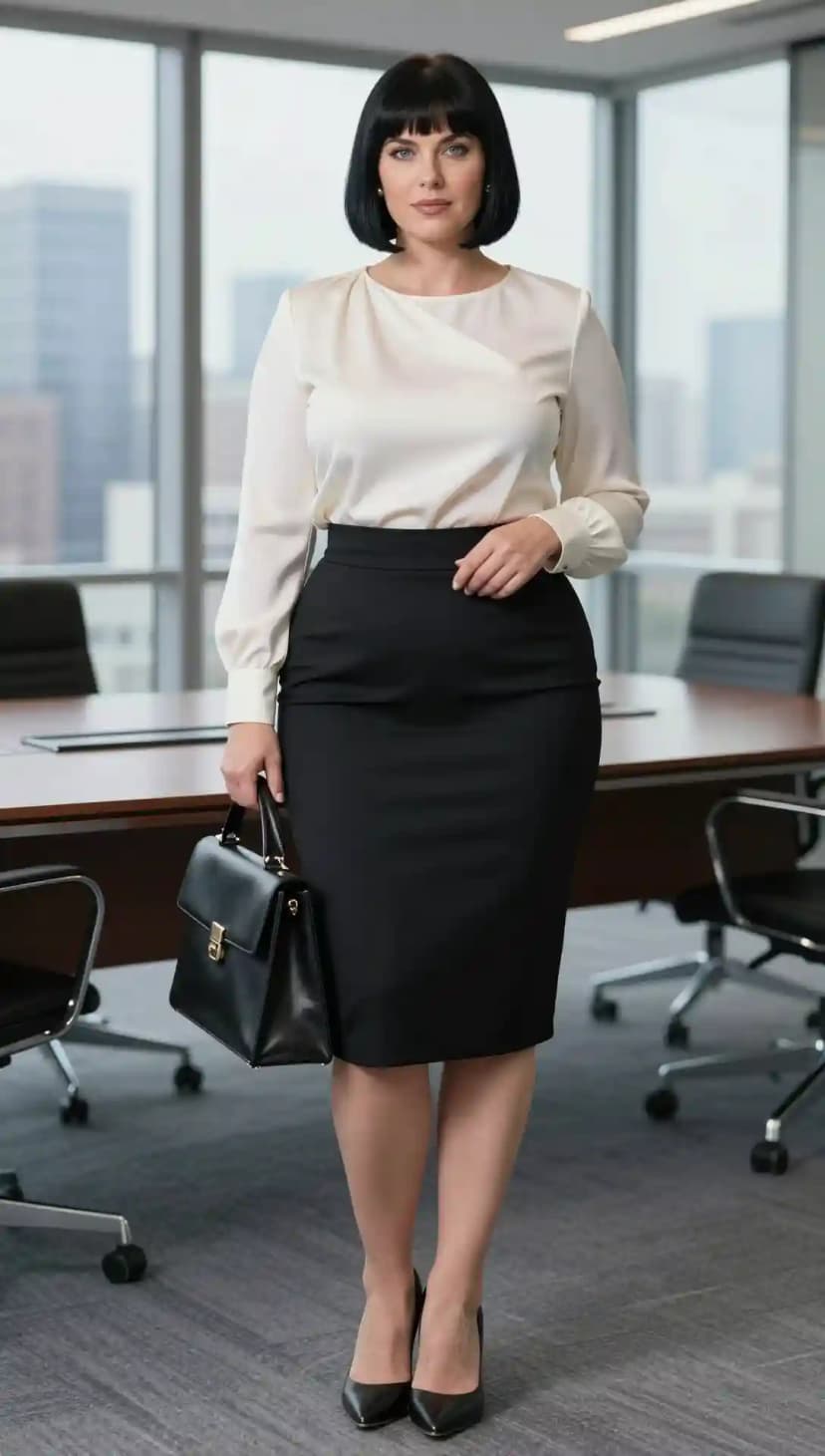 Cream Satin Blouse + Black Wool Pencil Skirt