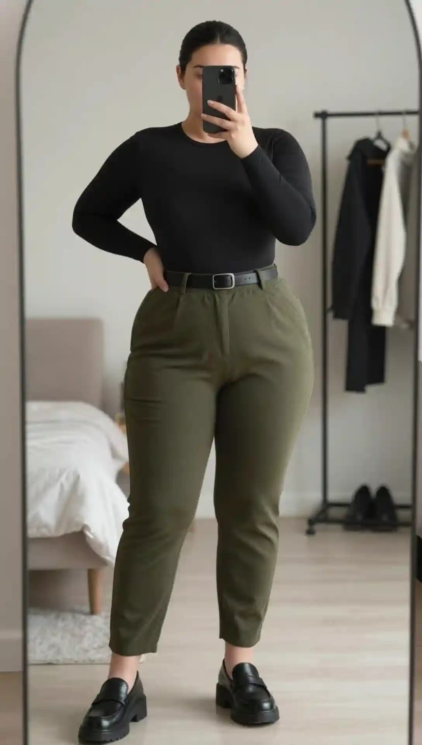 Black Long Sleeve Top + Olive Green Trousers