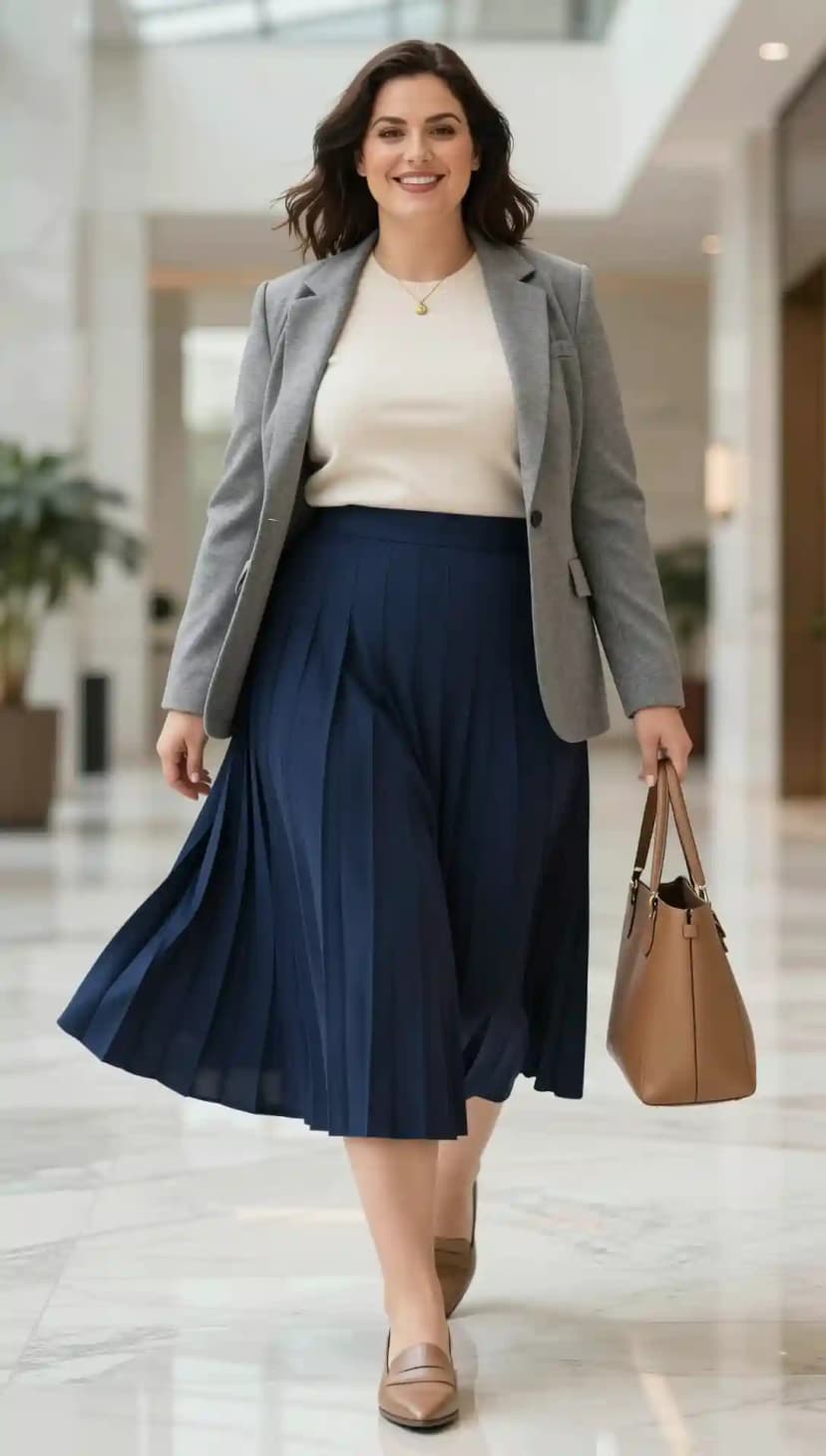 Cream Knit Sweater + Grey Blazer + Navy Pleated Midi Skirt