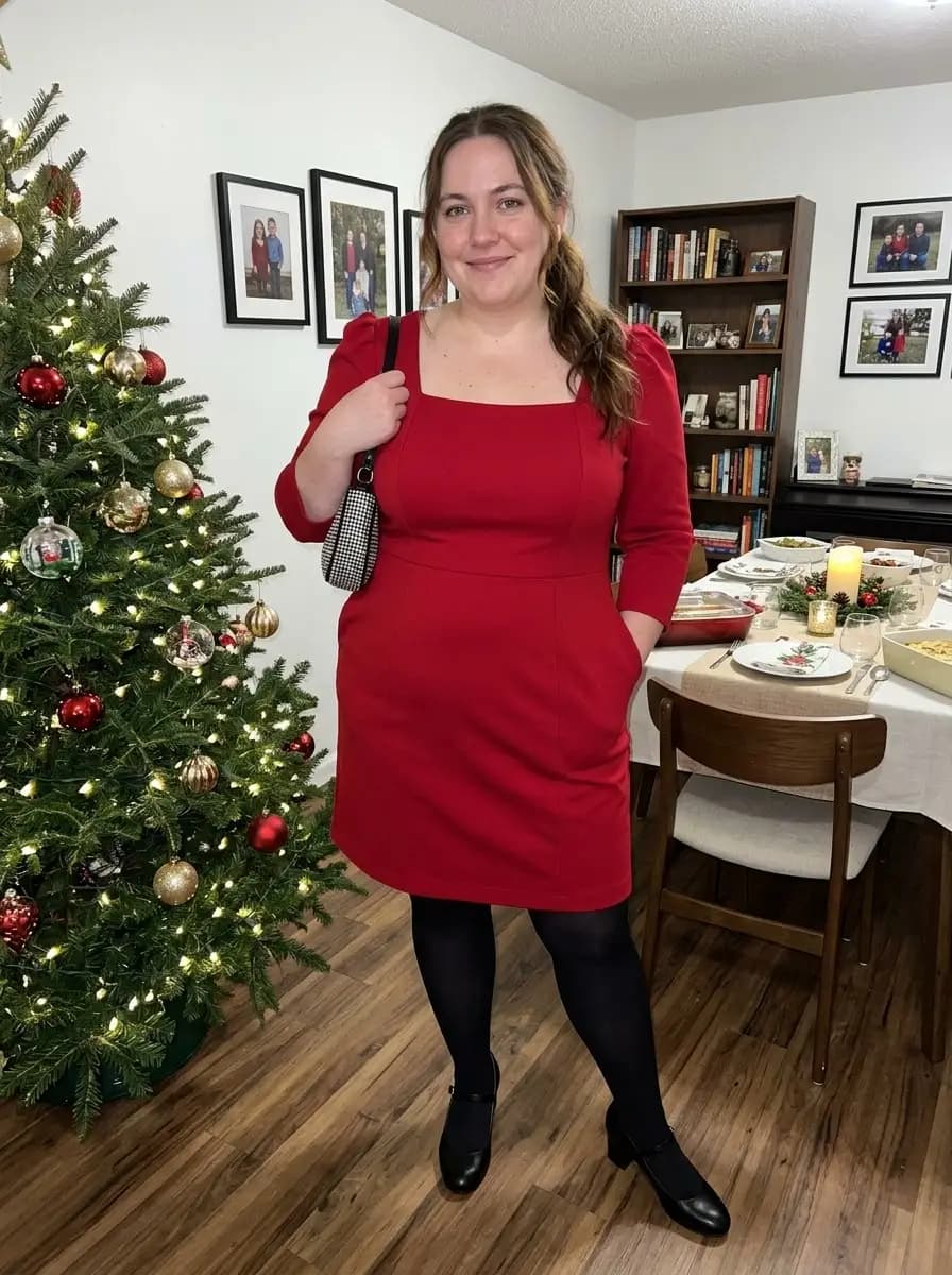 Red Square-Neck Dress with Black Mary Janes
