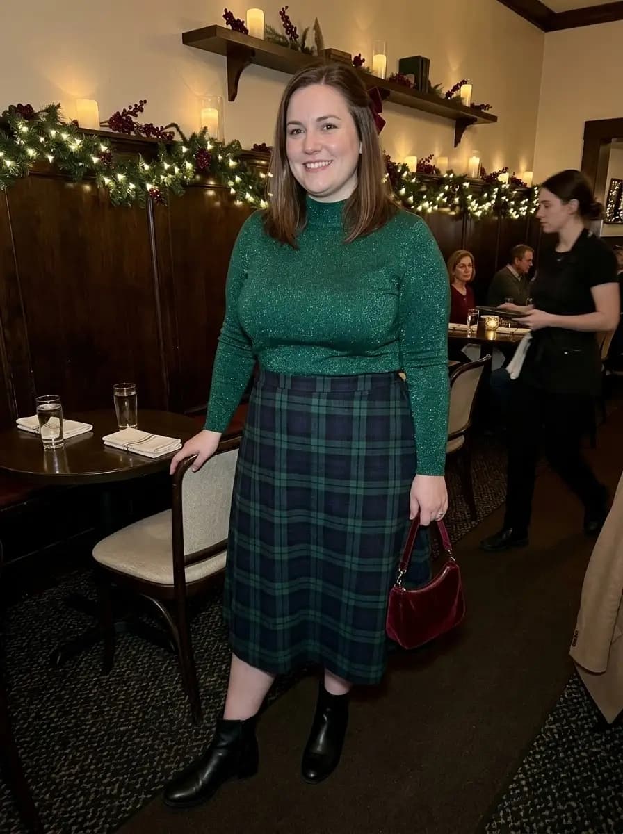Green Shimmer Top with Plaid Midi Skirt