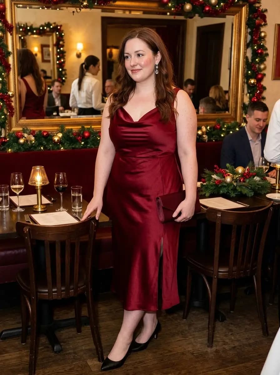 Red Satin Cowl-Neck Midi Dress
