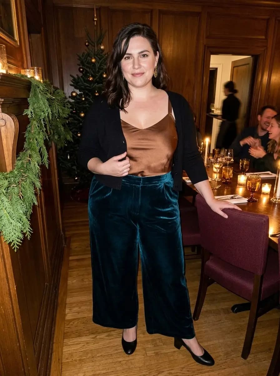 Brown Satin Camisole with Teal Velvet Pants