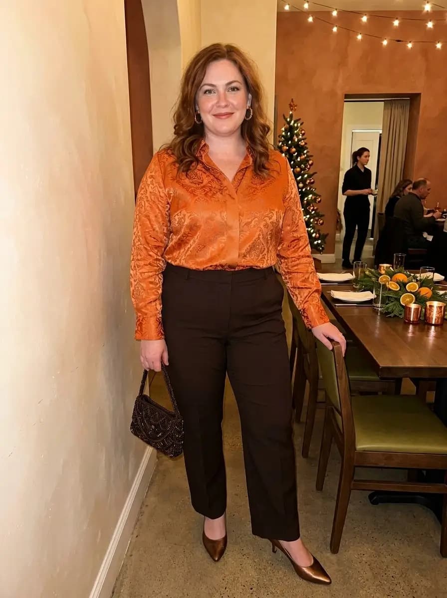 Burnt-Orange Jacquard Blouse with Chocolate Trousers