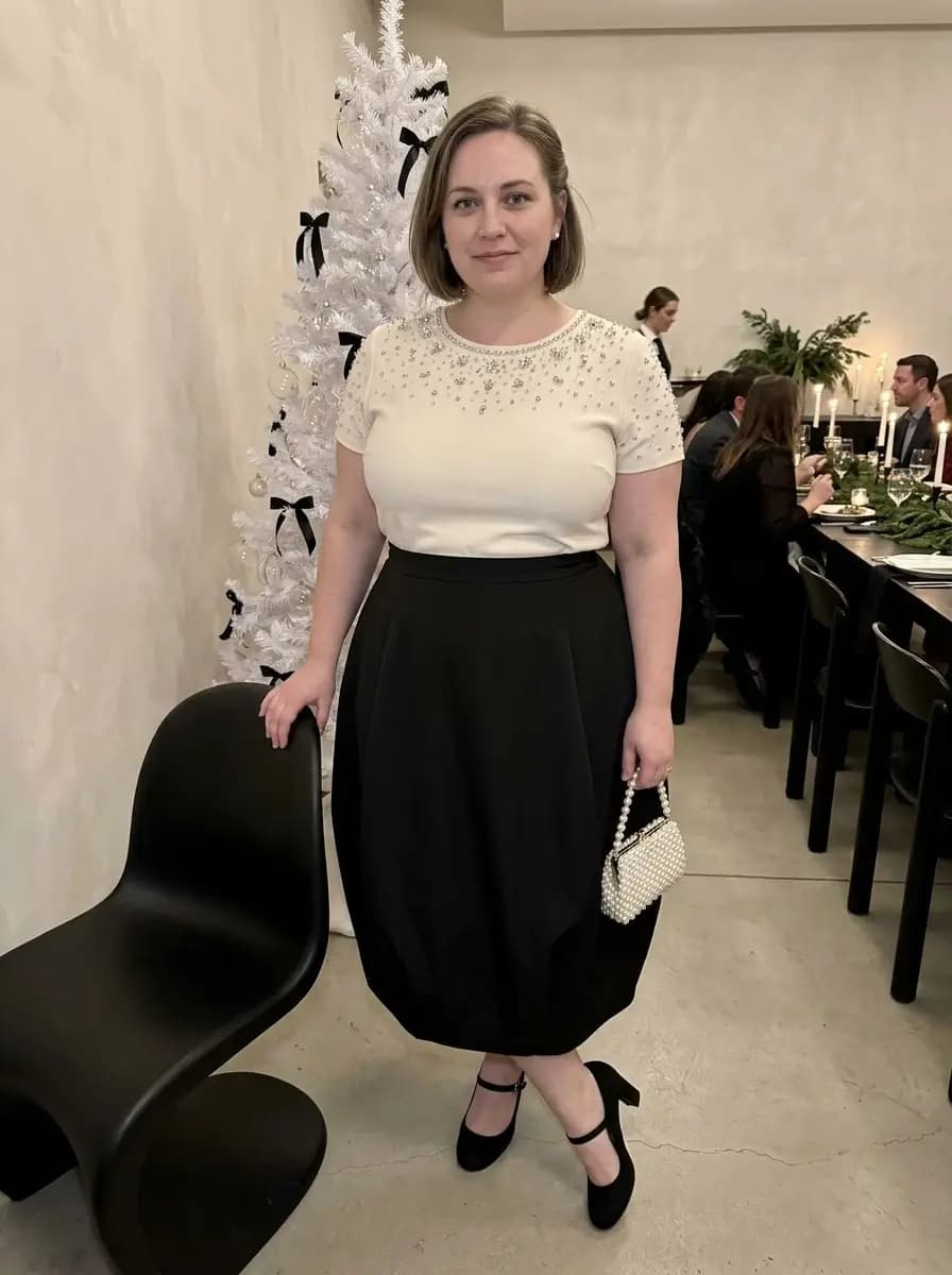 Cream Embellished Top with Black Full Midi Skirt