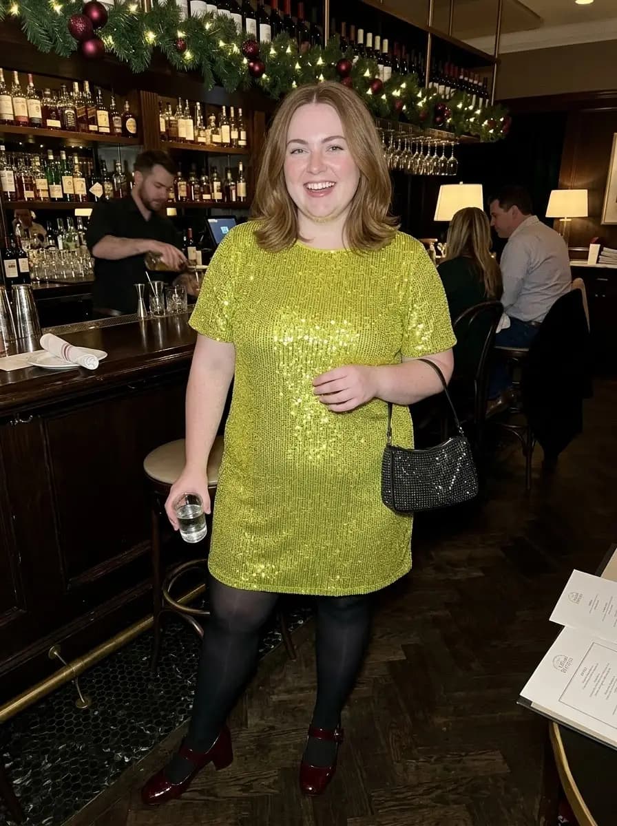 Lime Sequin Mini Dress with Black Tights