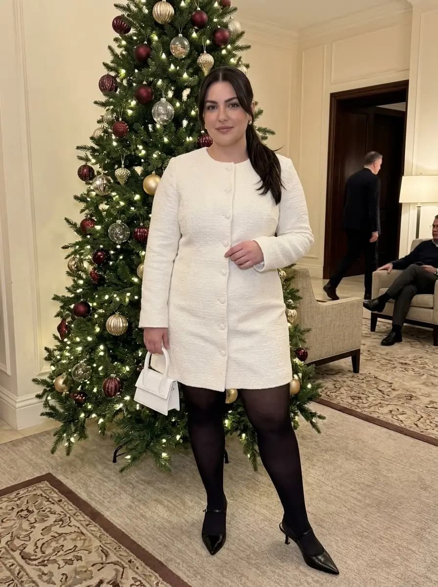 Ivory Textured Mini Dress with Black Tights