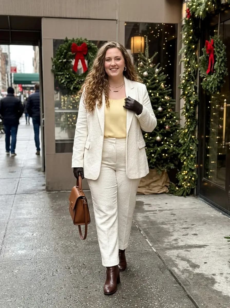 White Textured Blazer with White Textured Trousers and Yellow Sleeveless Top