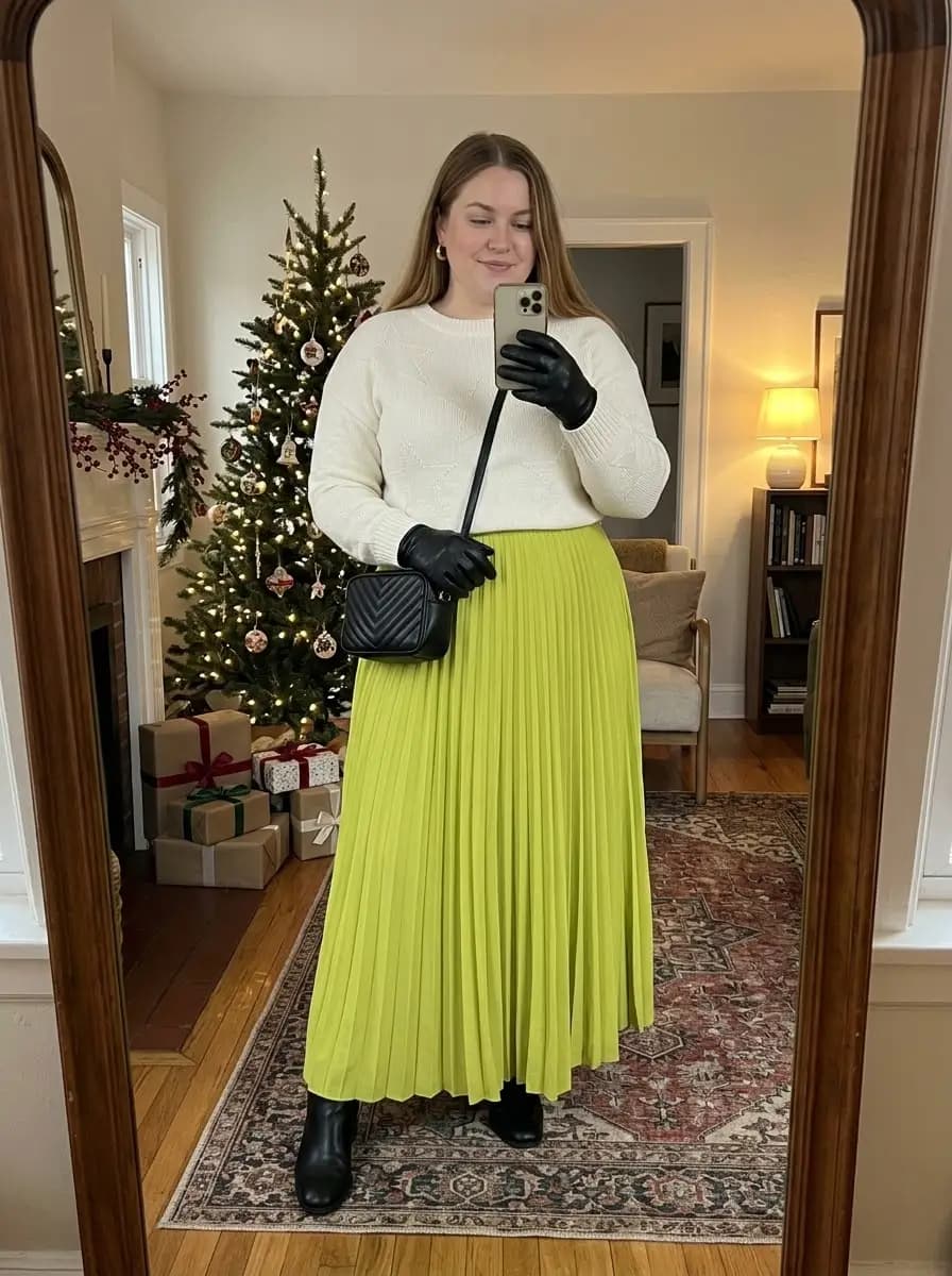 Cream Cable Knit Sweater with Lime Green Pleated Midi Skirt
