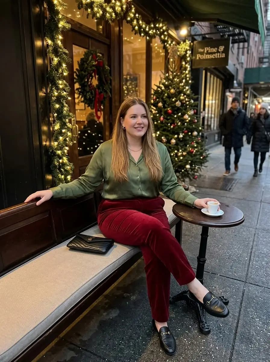 Olive Green Satin Button Up Shirt with Burgundy Velvet Trousers
