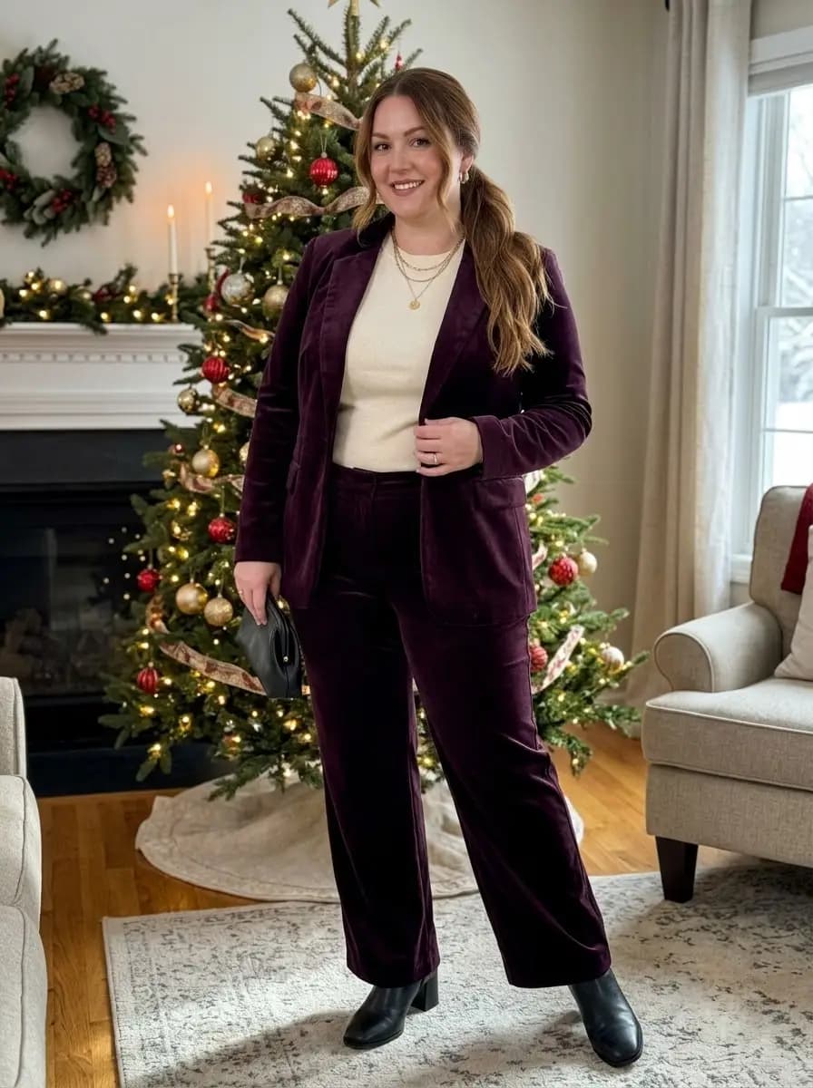 Plum Velvet Blazer with Plum Velvet Trousers and Cream Knit Sweater