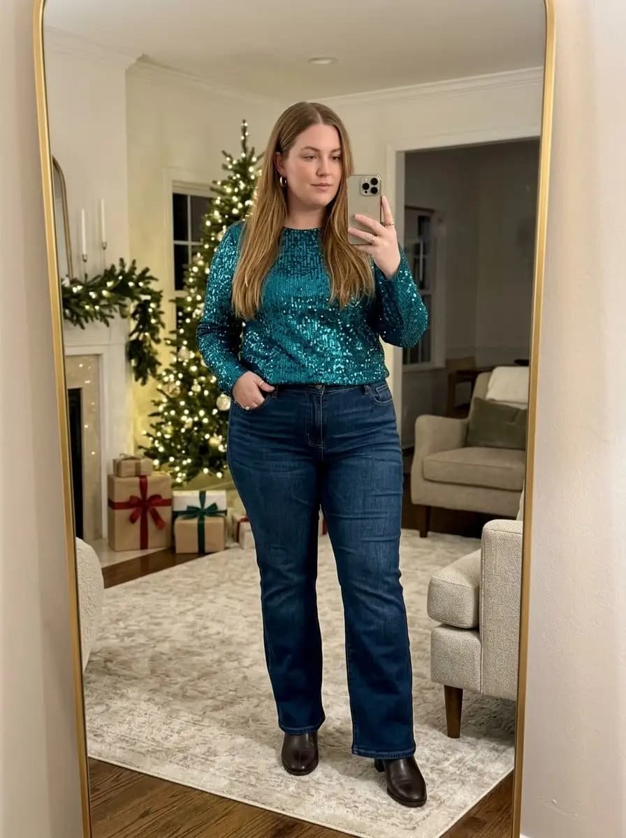Teal Sequin Long Sleeve Top with Dark Wash Denim Jeans