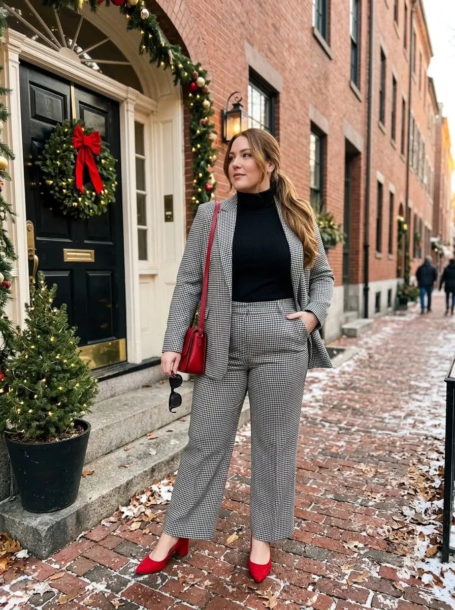 Black Turtleneck Sweater with Grey Houndstooth Blazer and Trousers