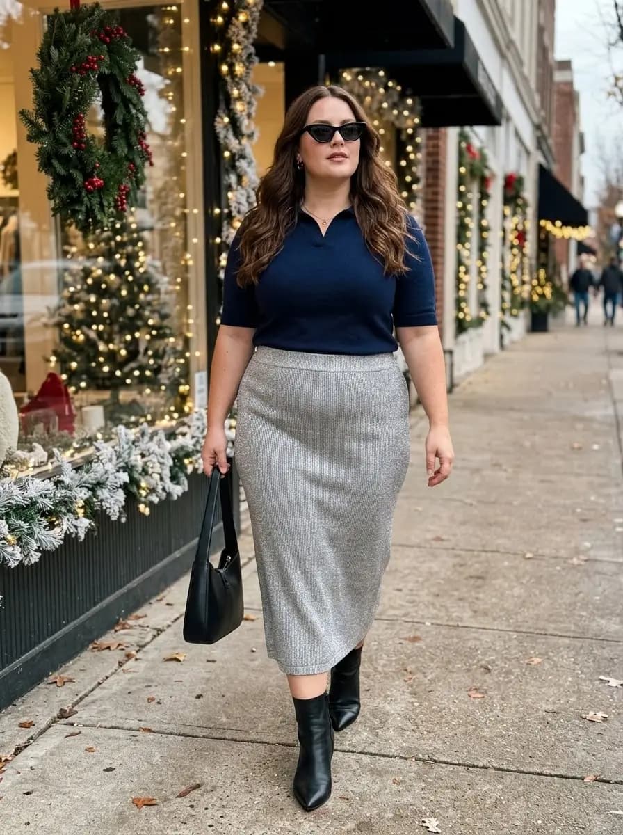 Navy Short Sleeve Collared Top with Silver Metallic Knit Midi Skirt