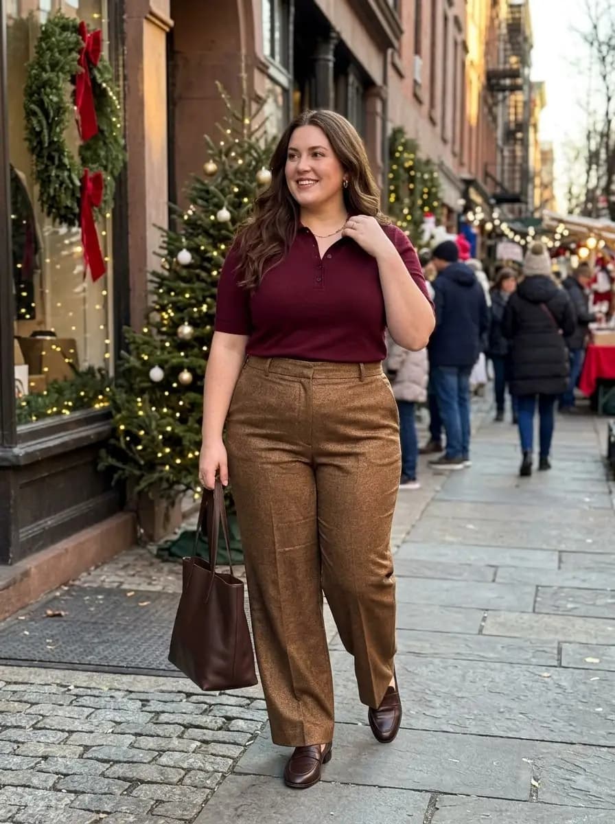 Burgundy Short Sleeve Collared Top with Brown Trousers
