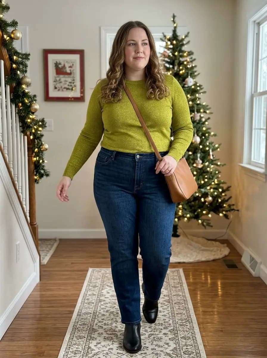 Lime Green Metallic Knit Sweater with Dark Wash Denim Jeans
