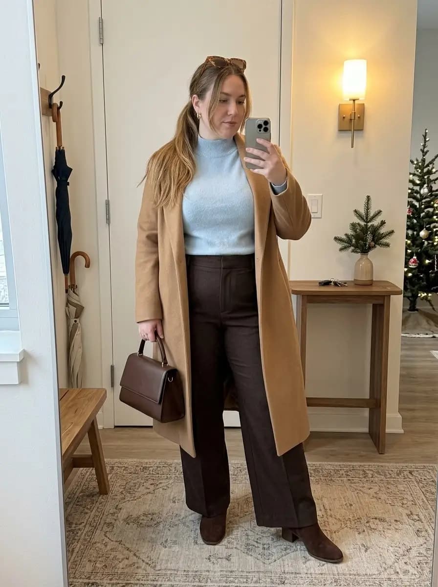 Light Blue Fuzzy Turtleneck Sweater with Brown Wool Trousers and Camel Wool Coat