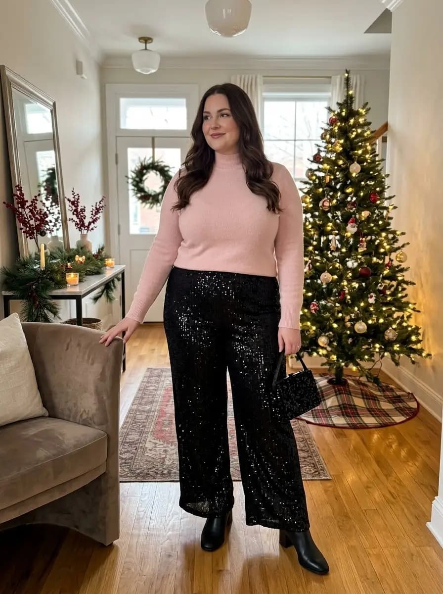 Light Pink Knit Sweater with Black Sequin Wide Leg Pants
