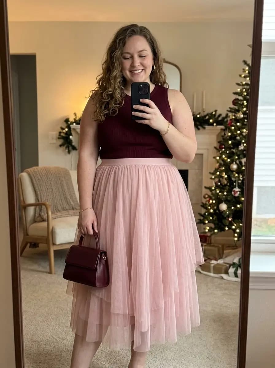 Burgundy Ribbed Sleeveless Top with Pink Tulle Midi Skirt