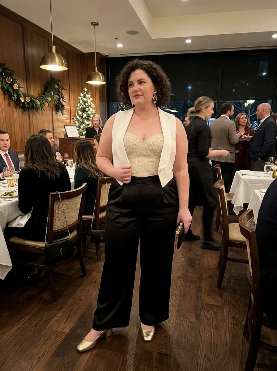 White Corset Bodysuit, Black Satin Wide-Leg Pants & White Vest