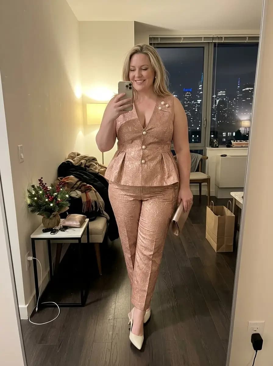Rose Gold Brocade Peplum Top & Trousers