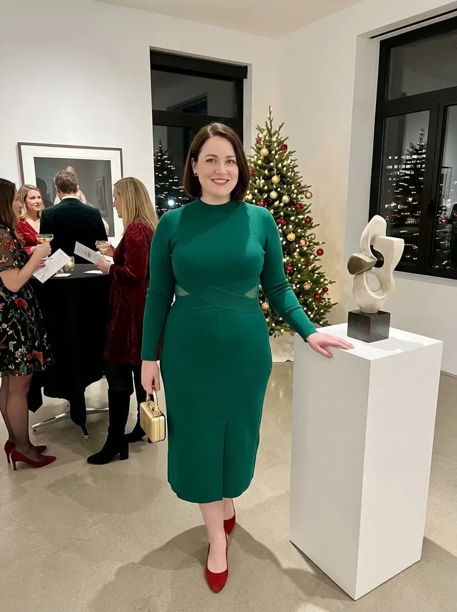 Green Long-Sleeve Knit Dress with Cutout Detail