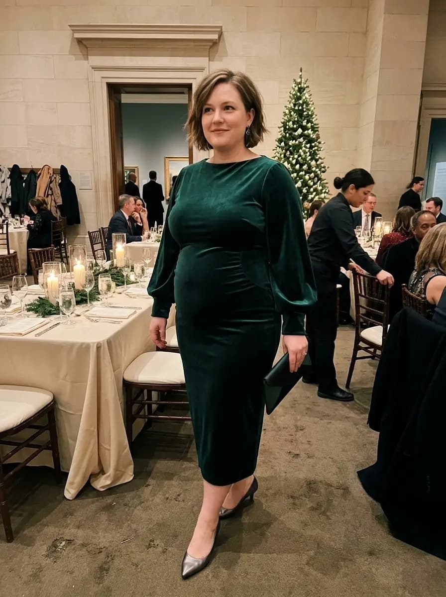 Forest Green Velvet Long-Sleeve Midi Dress