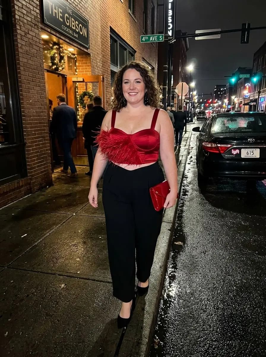 Red Feather-Trim Corset Top with Black Wide-Leg Pants