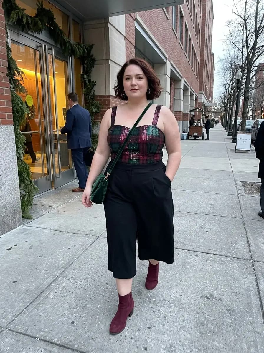 Green Plaid Sequin Crop Top with Black Culottes