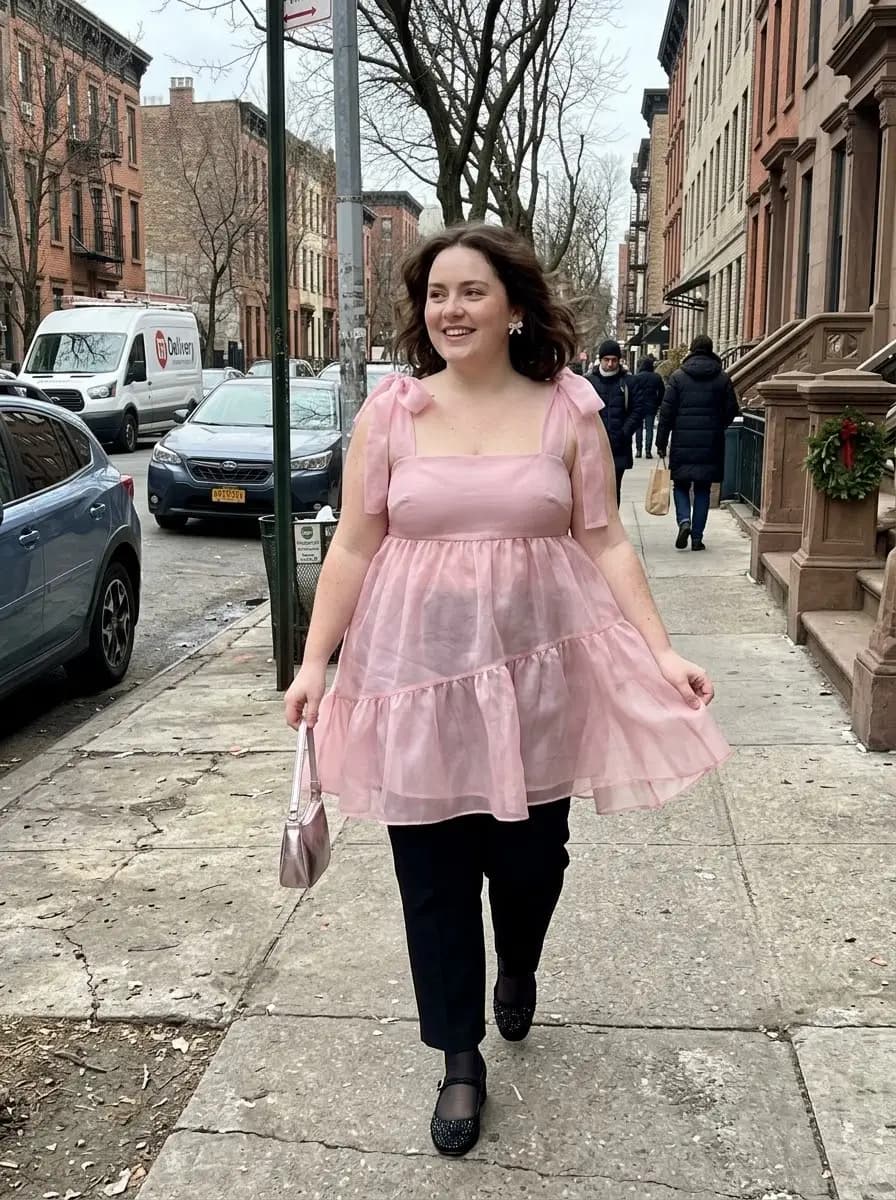 Pink Organza Babydoll Tunic Top with Black Trousers
