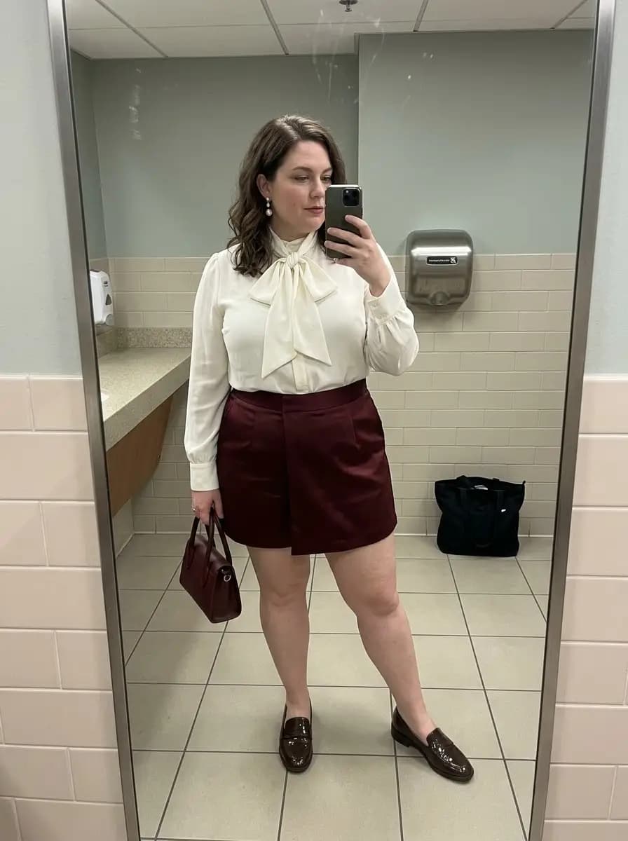 Cream Satin Bow Blouse with Burgundy Satin Skort